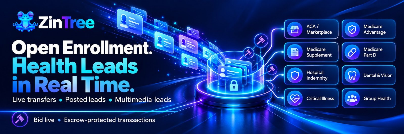 Open enrollment health leads in real time: ACA/Marketplace, Medicare Advantage, Medicare Supplement, Medicare Part D, hospital indemnity, dental and vision, critical illness and group health. Live transfers, posted leads and multimedia leads with live bidding and escrow-protected transactions.